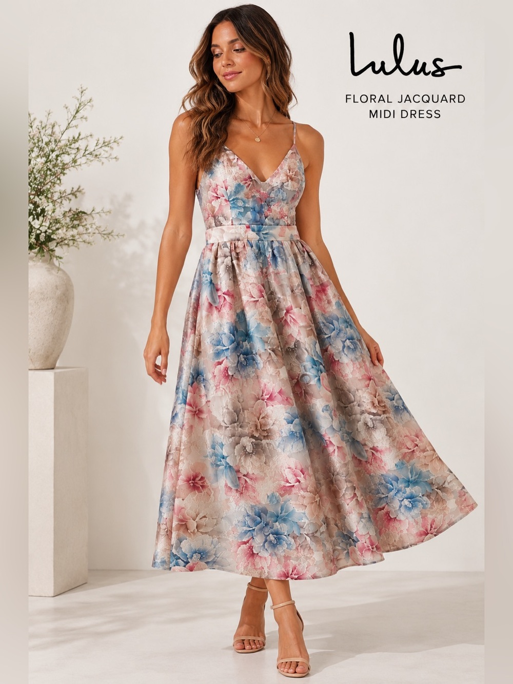 Lulus Floral Jacquard Fit & Flare Midi Dress Pink, Blue, Pastel NWOT Size M